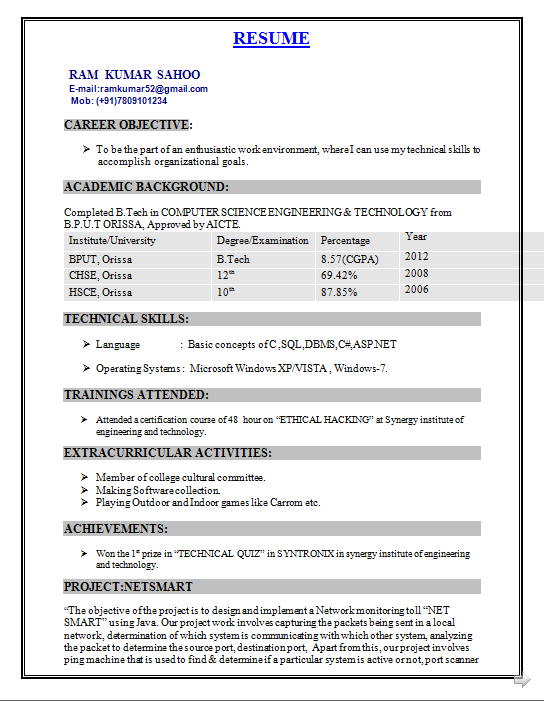 Resume models for freshers of electrical engineers